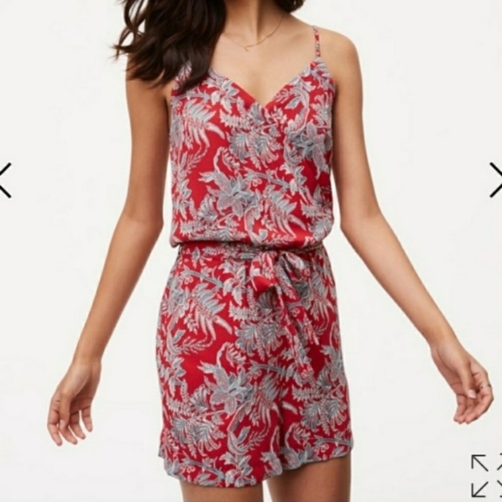 LOFT red floral print romper with waist tie